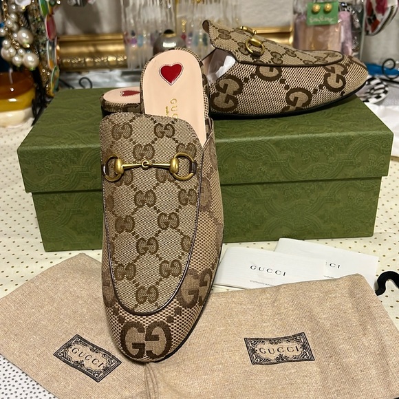 NIB GUCCI Canvas Signature logo   “Princetown” mules Size 38.5 - Picture 2 of 9